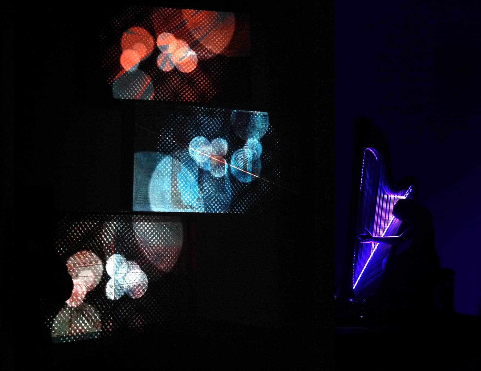 The Blue Eros, serigraphy, harp and light